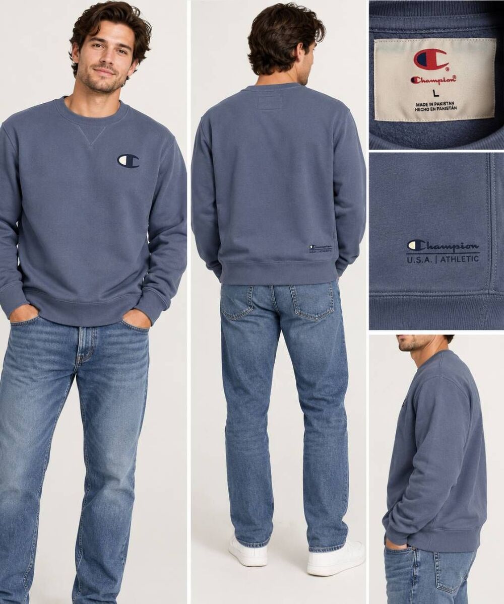 Champion Iconic Crewneck Sweatshirt Men’s L Gray Blue Logo NWT USA Athletic